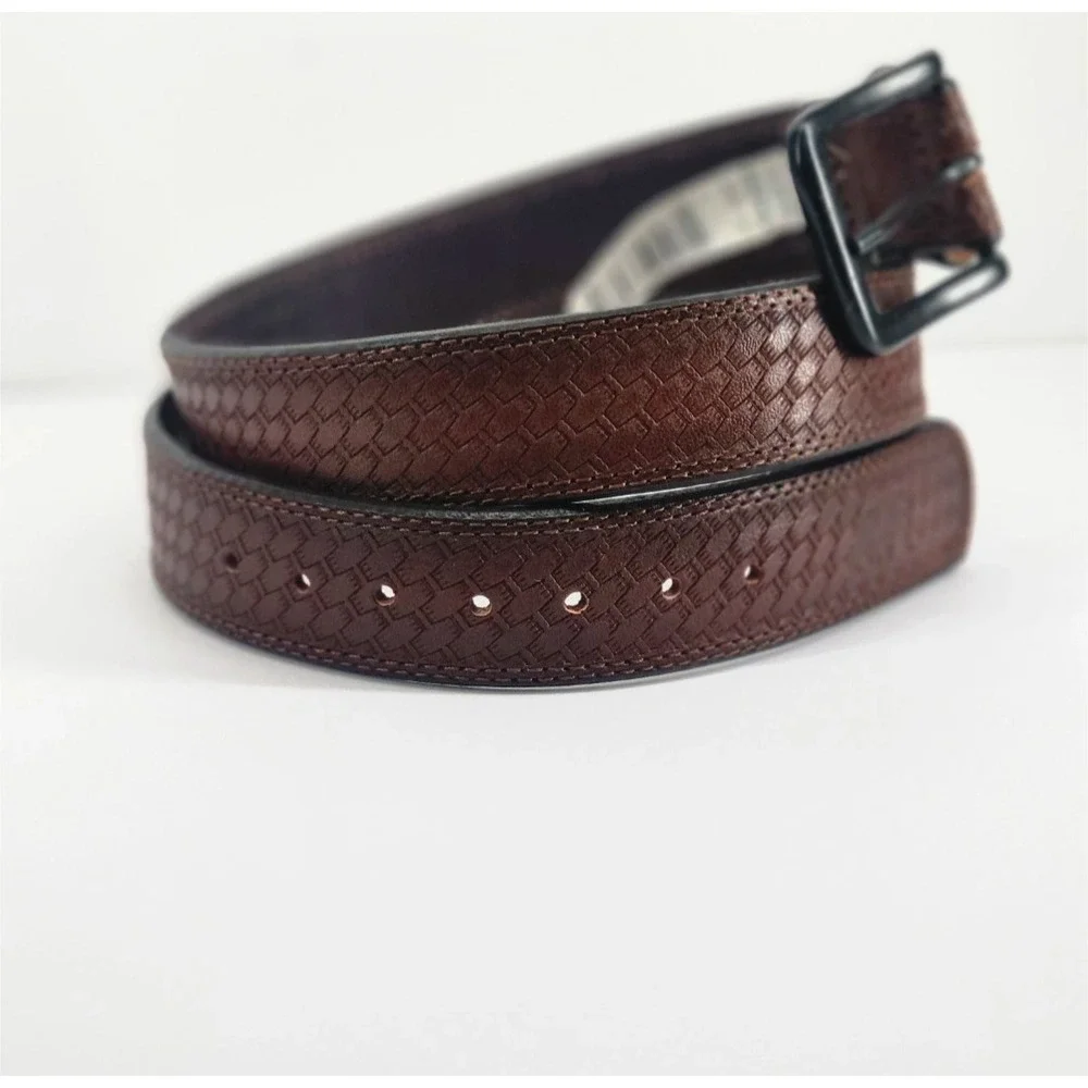 Berne Workwear Mens Brown Basket Weave Leather Belt Black Buckle Size 38 NWT